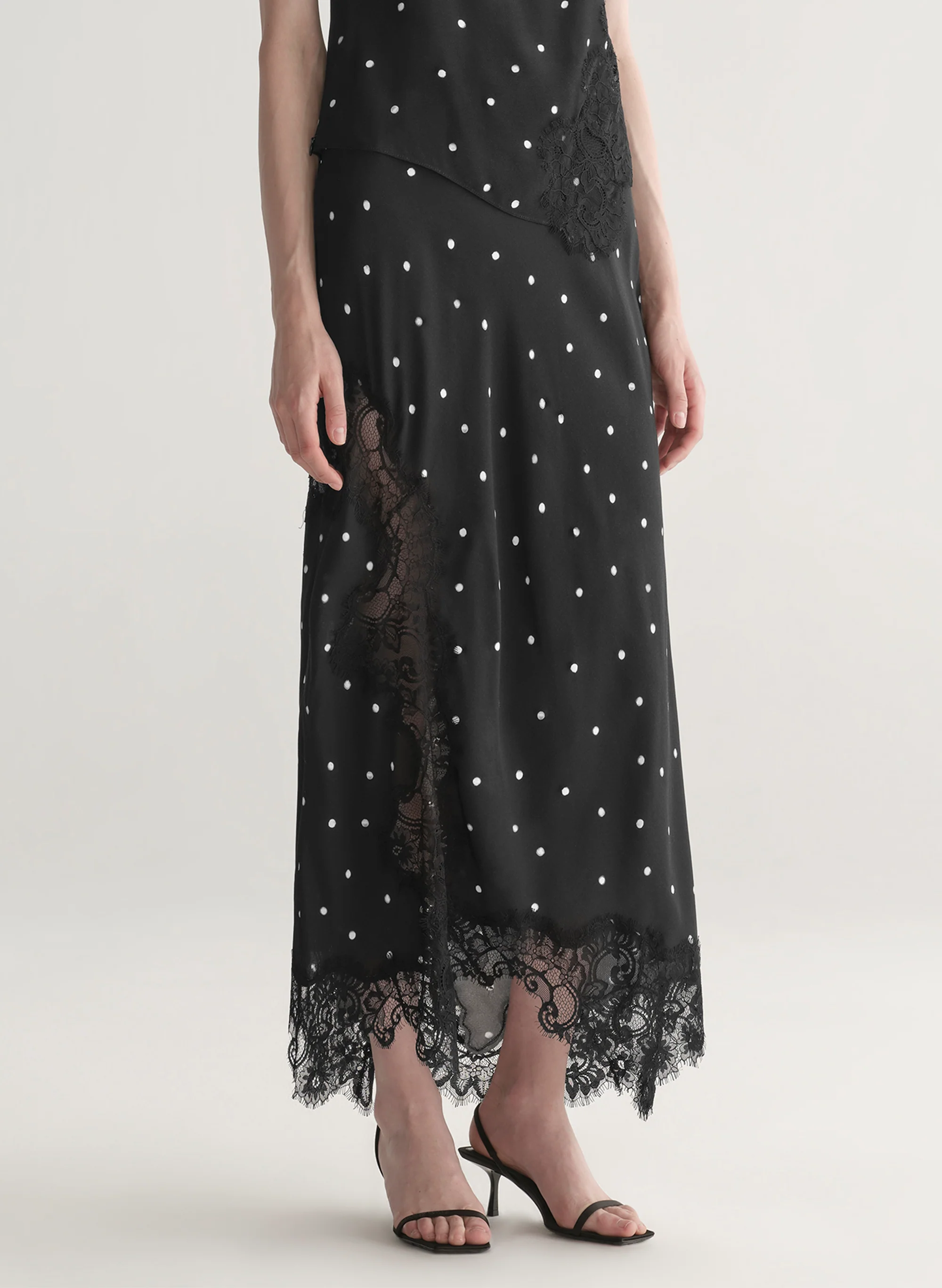 Olivia Polka Dot Crepe and Lace Midi Skirt - Image 3
