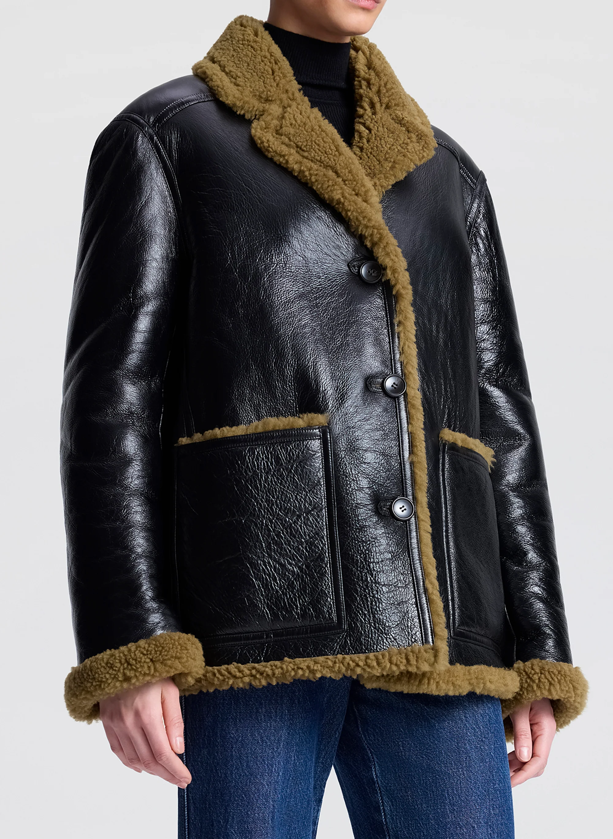 Ruth Glossy Leather and Shearling Reversible Coat - Image 3
